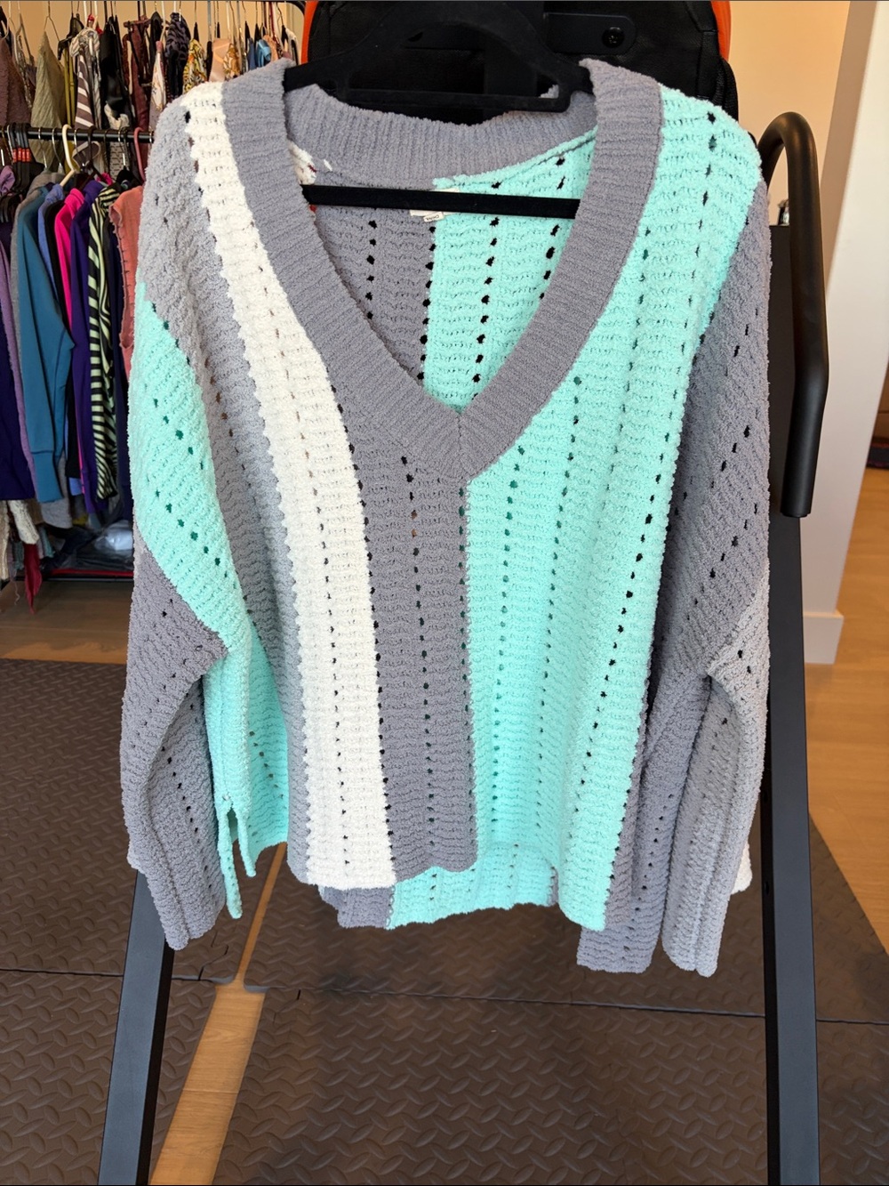 POL V-Neck Open-Knit Sweater in Mint, Gray & White